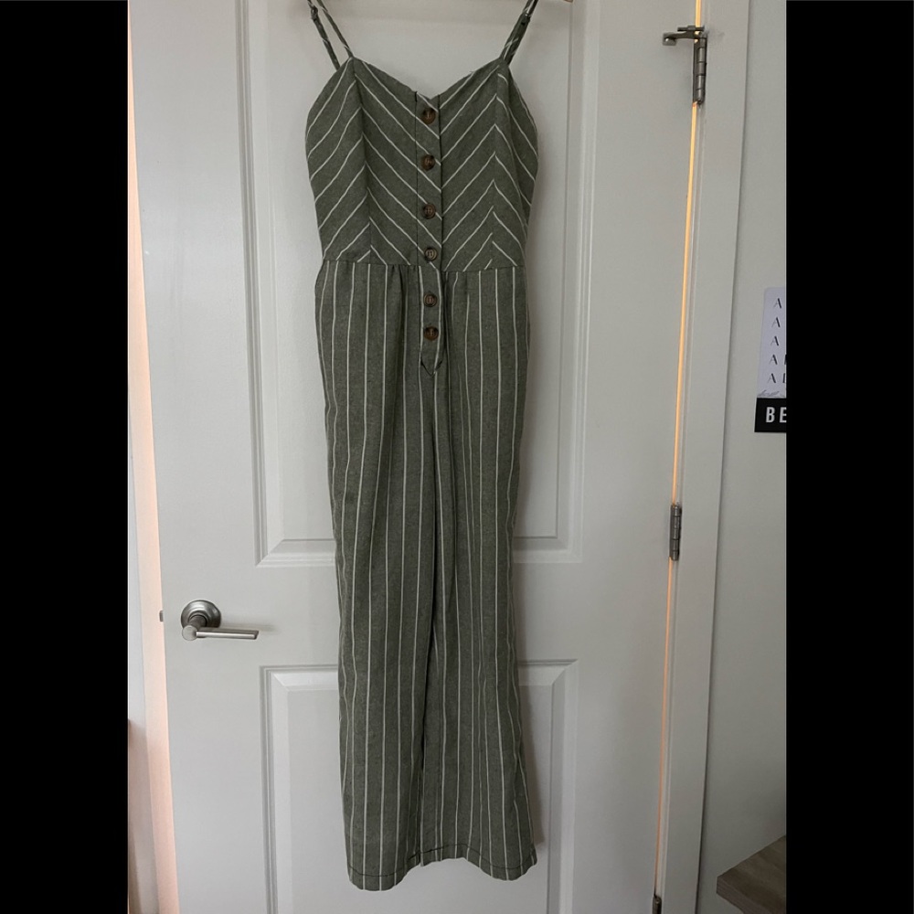 Green (sage) and white pin striped jumpsuit